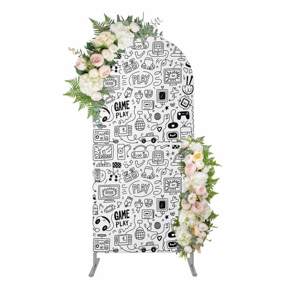 Video Game Arch Backdrop Cover 4FT, Black White Game Controller Monochrome Spandex Fitted Stretchy Arch Stand Covers, Round Top Chiara Backdrop Cover for Wedding Party Birthday Baby Shower