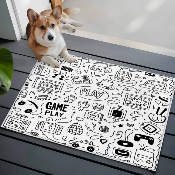 Video Game Bathroom Mat 2x3 FT, Non Slip Small Kitchen Mat, Black White Game Controller Monochrome Washable Soft Backed Front Door Throw Rug Non-Shedding Indoor Outdoor Doormat for Entryway Sink