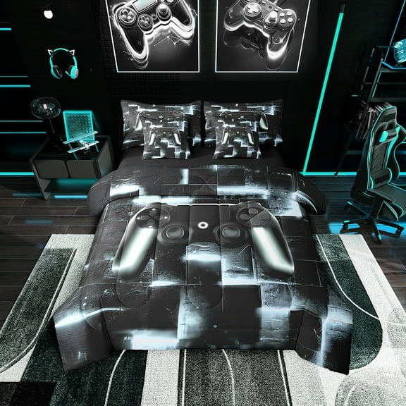 Video Game Bedding Comforter Sets 7pcs Teen Aesthetic Neon Plaid Bed in a Bag, Gamepad Gamer Twin Bedding Sets Black and Grey Comforter Set, Modern Glowing Futuristic Cubes Bedding Sets