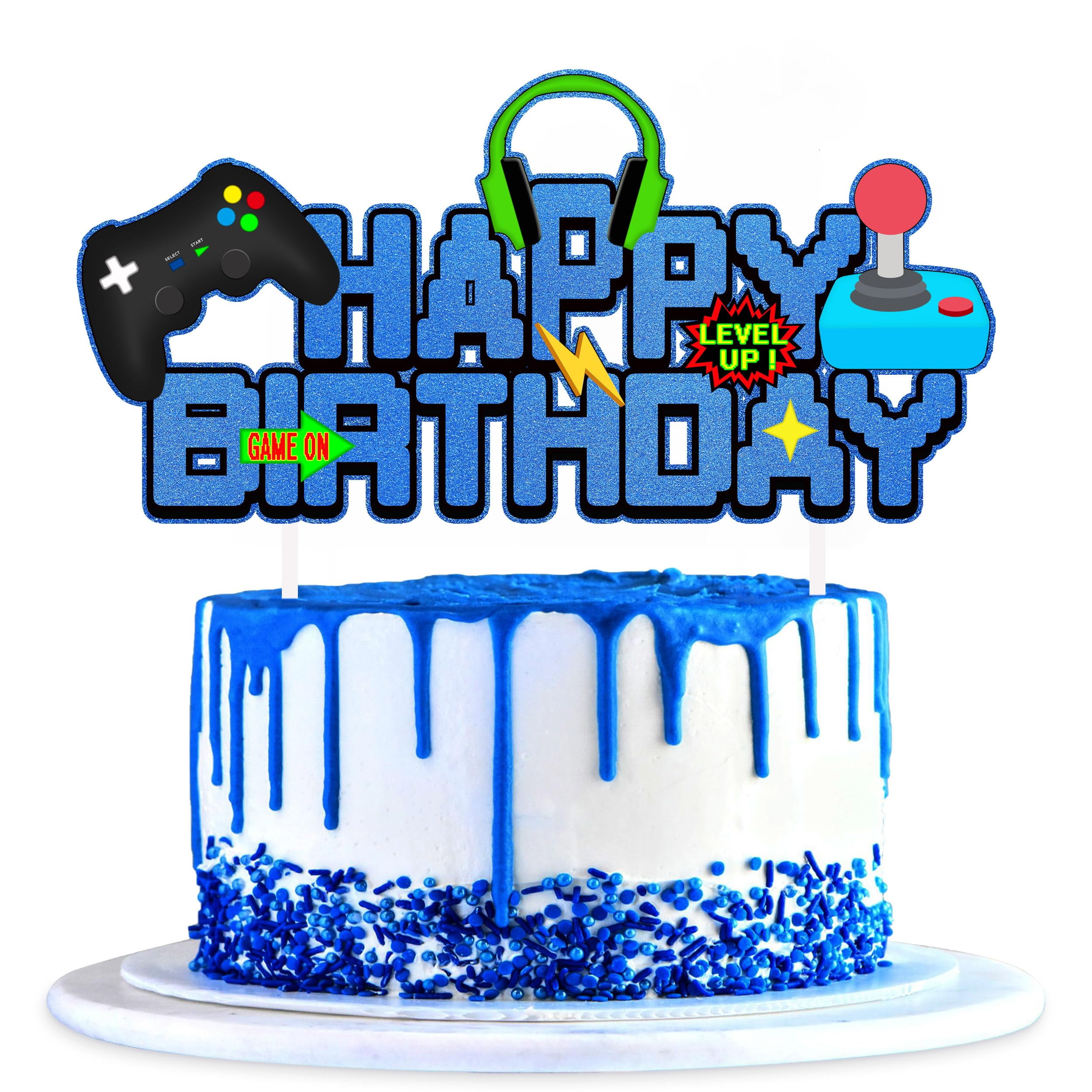 Video Game Birthday Cake Topper Glitter COC1Blue Game Controller Happy ...