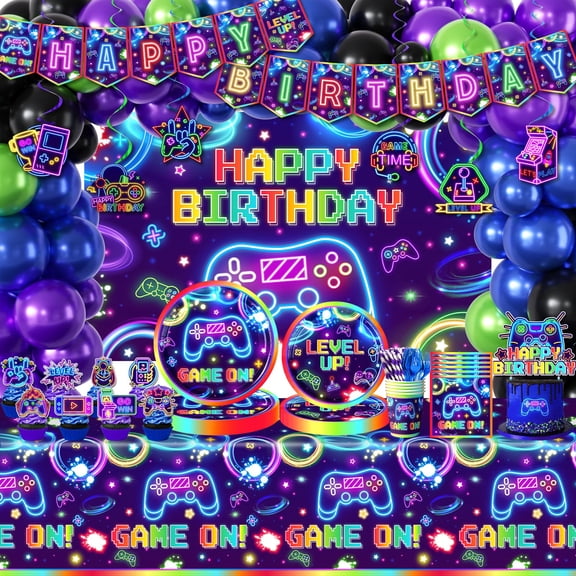 Video Game Birthday Decorations, 258Pcs Gaming Party Decorations Gamer Birthday Plates and Napkins, Cups, Tablecloth, Banner, Balloons, Cake Toppers Game Party Decorations for Boys Serve 24 Y114