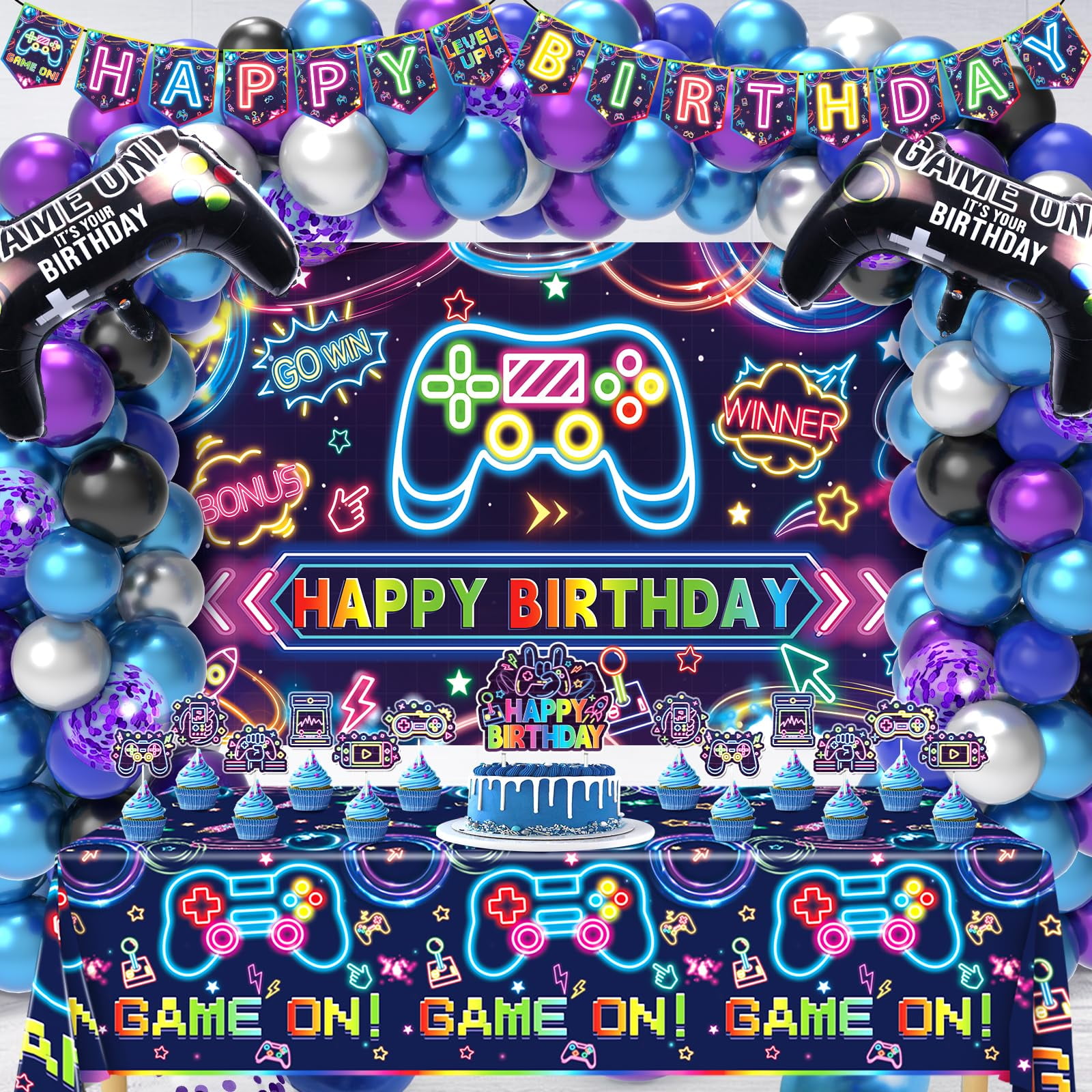 Video Game Birthday Party Supplies Kit - Includes Plates, Cups, Napkins, Banner, Tablecloth For Gamer Theme (Serves 24)