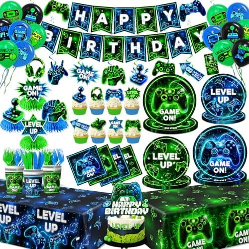 Video Game Birthday Party Decoration - Neon Game Party Tableware Include Plate Napkin Banner Tablecloth Game Level Up Theme Decorations for Boy Gamer Birthday Decor Serves 24
