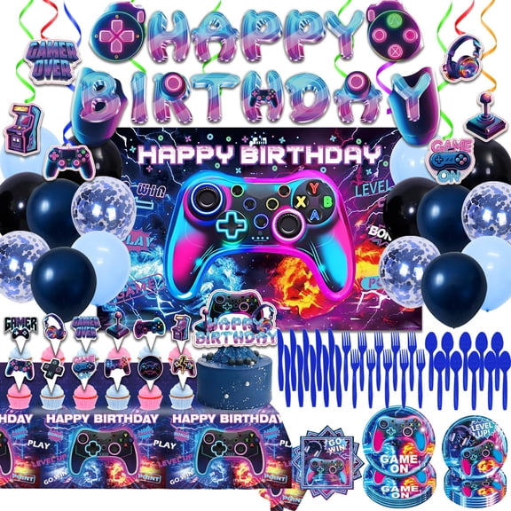 Video Game Birthday Supplies, Game Theme Style Include Happy Birthday Banner, Backdrop, Tableware Set, Tablecloth, Hanging Swirls, Cake Toppers, Cupcake Toppers, Latex Balloons (Game) Y114