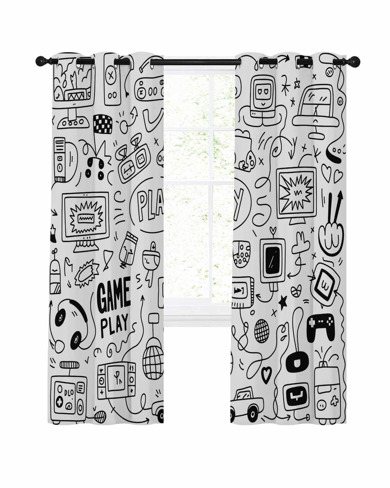 Video Game Blackout Curtains 54 Inches Long for Bedroom, Black White ...