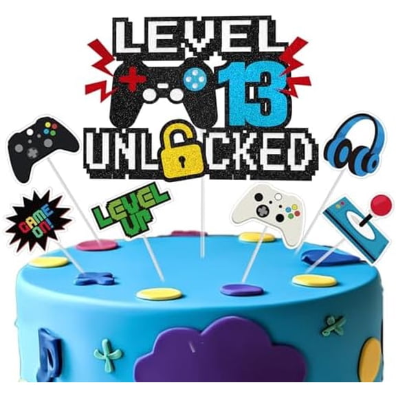 Video Game Cake Topper, Level 13 Unlocked Cake Topper, Happy 13th Birthday Game Party Decorations for Boys Girls, Video Game Controller Themed Birthday Party Supplies for Game Fans, and Men