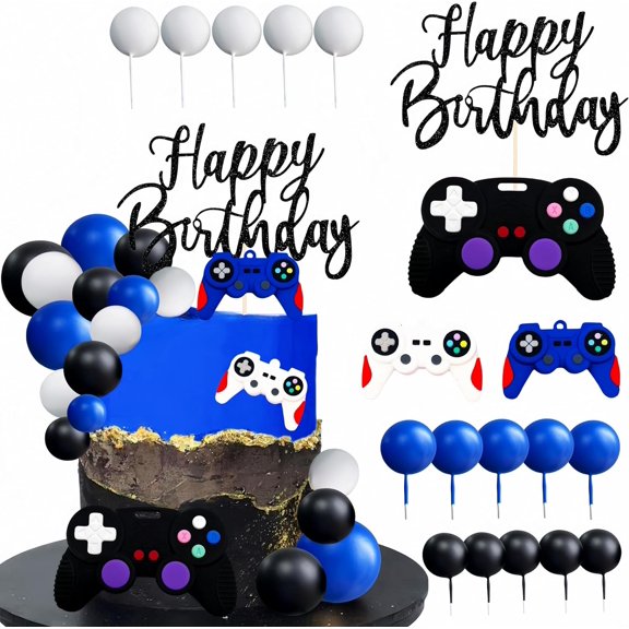 Video Game Cake Topper Video Game Birthday Decorations (blue)