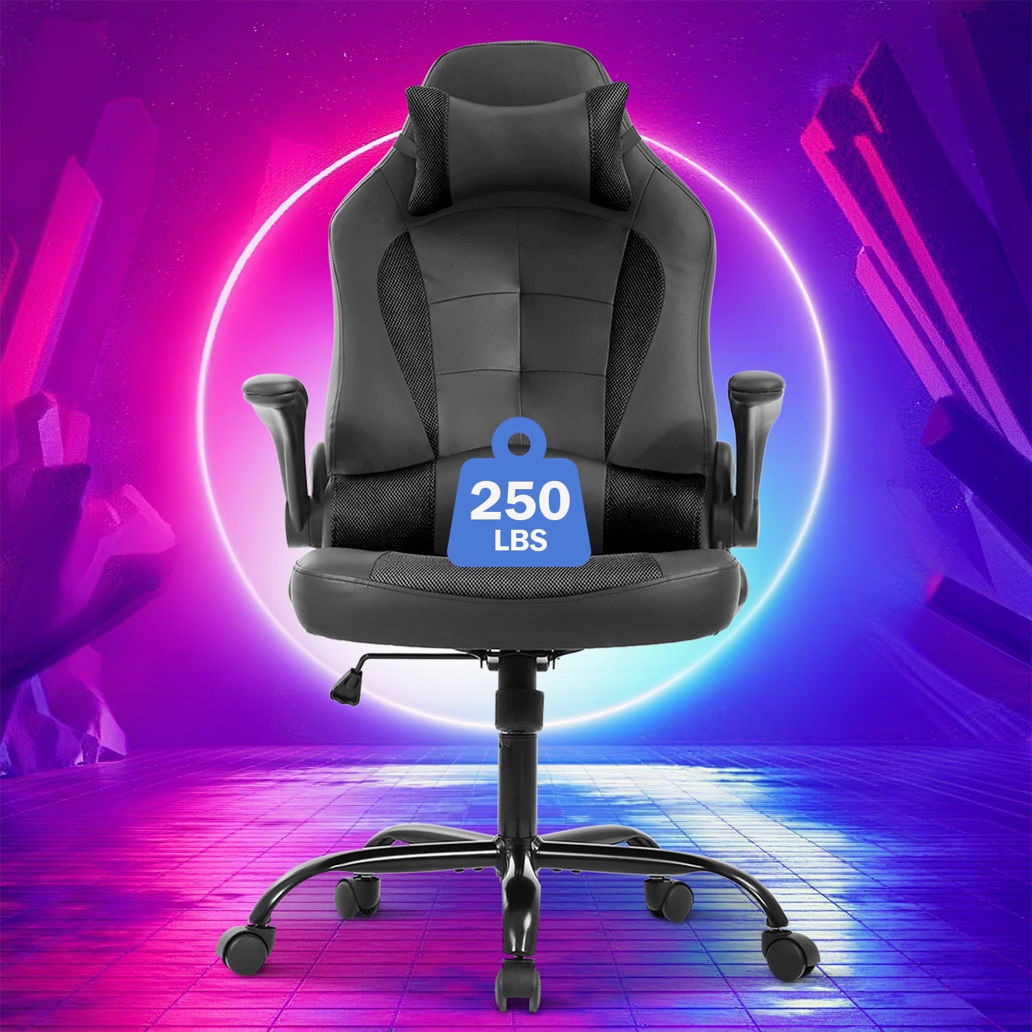 Video Game Chair High Back Gaming Chair PU Leather Racing Chair with Headrest Lumbar Support & Flip-up Arms , Adjustable Gamer Chair for Adults & Kids, Black