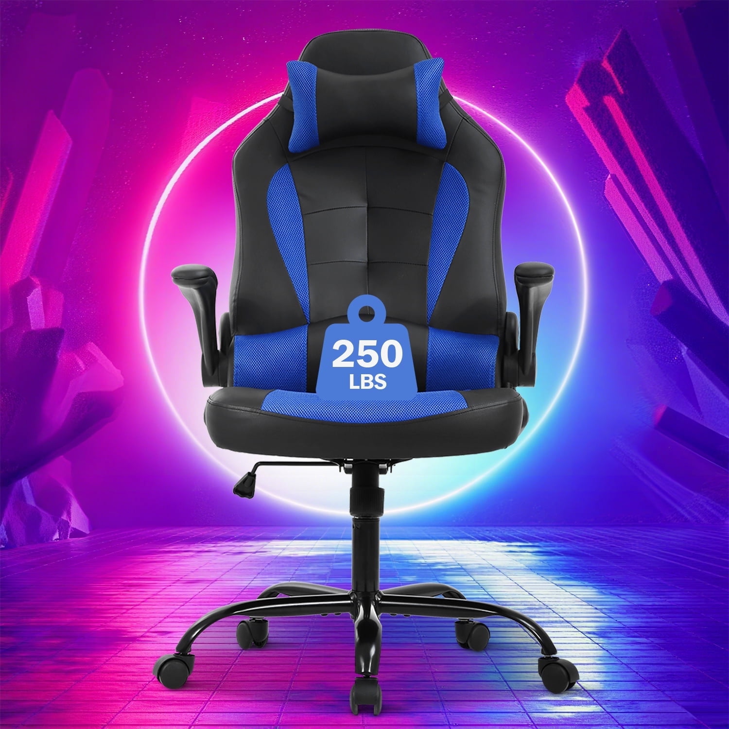 Video Game Chair High Back Gaming Chair PU Leather Racing Chair with Headrest Lumbar Support & Flip-up Arms , Adjustable Gamer Chair for Adults & Kids, Blue