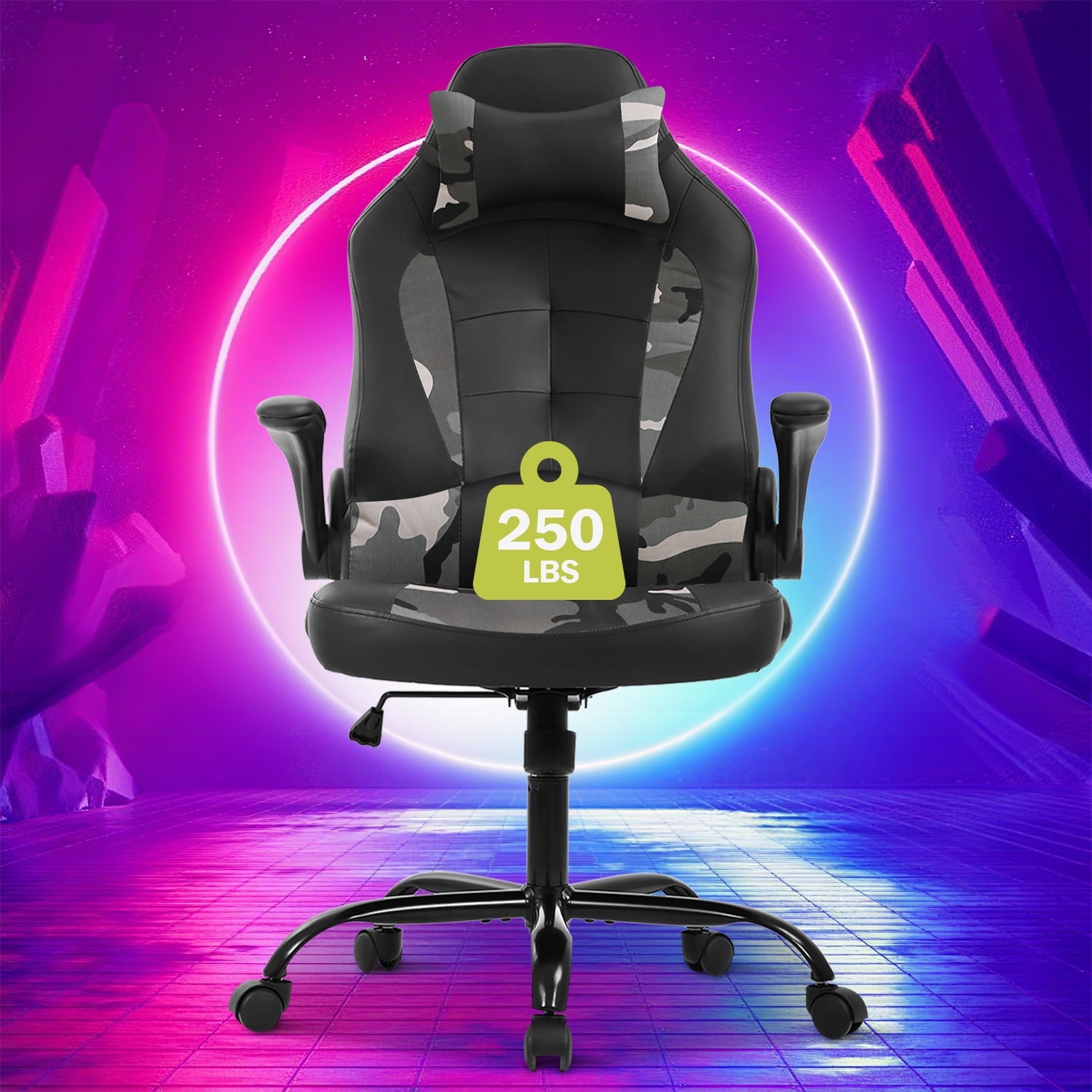 Video Game Chair High Back Gaming Chair PU Leather Racing Chair with Headrest Lumbar Support & Flip-up Arms , Adjustable Gamer Chair for Adults & Kids, Camo