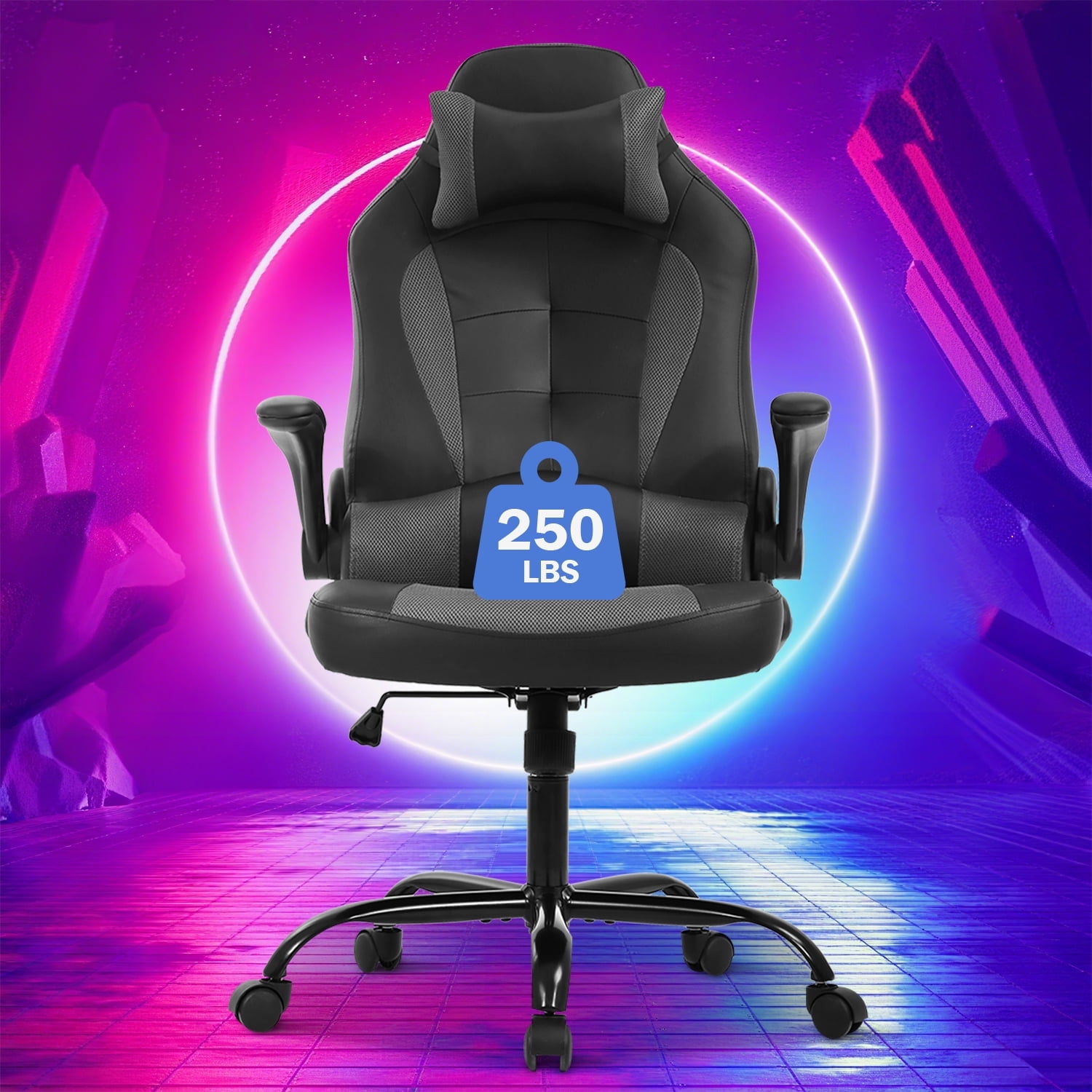 Video Game Chair High Back Gaming Chair PU Leather Racing Chair with Headrest Lumbar Support & Flip-up Arms , Adjustable Gamer Chair for Adults & Kids, Grey