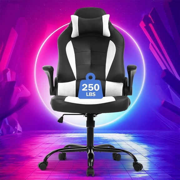 Video Game Chair High Back Gaming Chair PU Leather Racing Chair with Headrest Lumbar Support & Flip-up Arms , Adjustable Gamer Chair for Adults & Kids,White