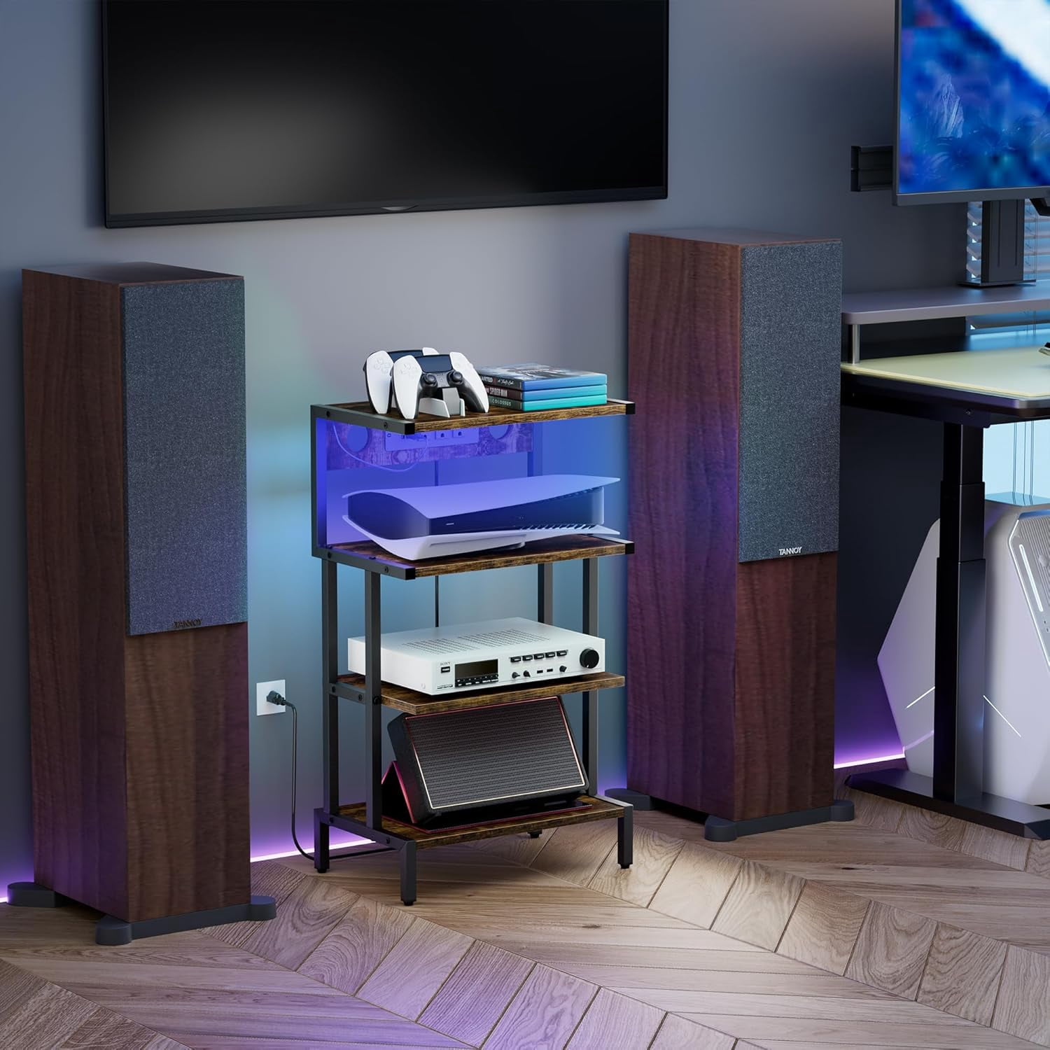 Video Game Console Shelf, Stereo Racks - Media Stand with Outlet & Led ...