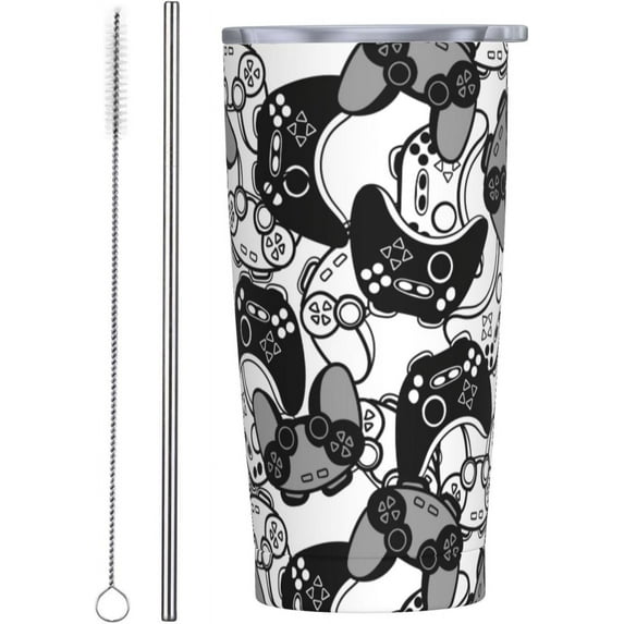 Video Game Controller Backgroud 20oz Travel Tumbler With Lid And Straw, Black And White Joysticks Stainless Steel Tumblers Insulated Coffee Cup Mug Gift For Men Women