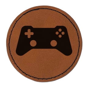 Video Game Controller Icon 2.5" Faux Leather Round Engraved Iron-On Patch - Brown
