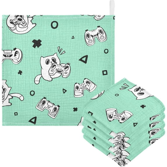 Video Game Controller Kitten Baby Muslin Washcloths Soft Absorbent Face Towel, Cute Cats Gamepad Burp Cloths Cotton Bath Wipes 5 PCS Infant Wash Cloth for Newborn Boys Girls 12x12 inches