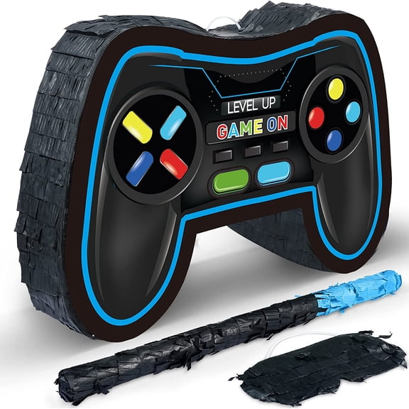Video Game Controller Piata Bundle Fiesta Gaming Controller Piata Set with Blindfold and Bat Birthday Gamer Party Supplies Game for Gaming Theme Carnival Events Decor(Blue)