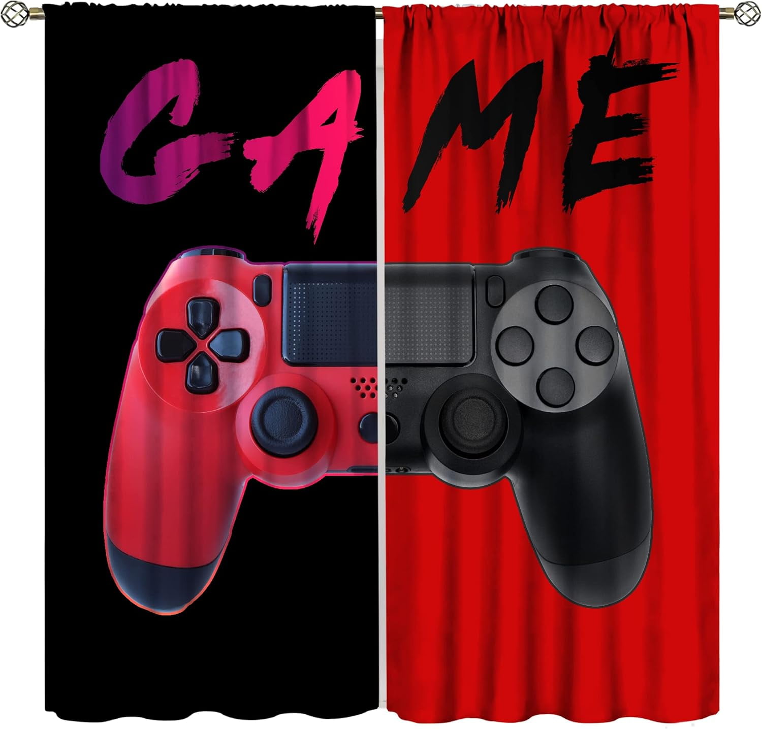 Video Game Curtains, Gamepad Red Blackout Window Drape Boys Bedroom Drapes Art Printed Living Room Decor 42'''' W x 84'''' L x2【Blackout】 Game-4