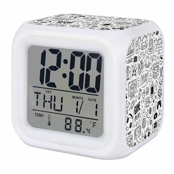 Video Game Digital Alarm Clock for Bedrooms, Smart LED Alarm Clock with 7 Color Changing Night Light, Black White Game Controller Monochrome Silent Wake Up Clocks for Sleep Study Cooking 3.2"x3.2"