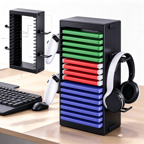 Video Game Disc Rack Tower, Game Disc Holder Stand with 4 Controller Holders, Aluminum Alloy Organizer Shelf Display Stand, DVD Rack Organizer Shelf
