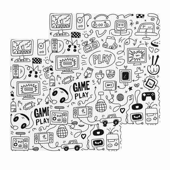 Video Game Dish Towels Set, Waffle Weave Kitchen Towels 2 Pieces, Black White Game Controller Monochrome Microfiber Hair Face Bath Tea Towel Absorbent Quick Drying Cleaning Dish Cloths 12"x12"
