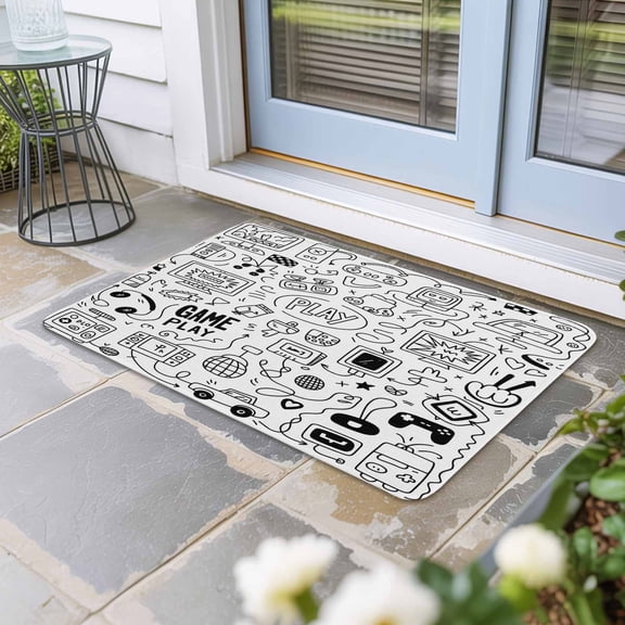 Video Game Door Mat Indoor Outdoor, Black White Game Controller Monochrome Non Slip Welcome Mat with Rubber Backing, Absorbent Fabric Front Door Mats Entryway Rug for Home Patio Entrance 16"x24"