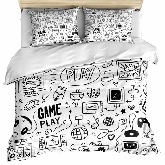 Video Game Duvet Cover Queen Size, Black White Game Controller Monochrome Comforter Cover with Zipper Closure, 3 Piece Bedding Sets 1 Duvet Cover 90x92 Inches and 2 Pillow Shams
