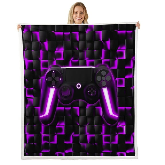 Video Game Fleece Blanket 30"X40" Gaming Sherpa Blanket Gaming Throw Blanket Teen,Black Purple Checkered Gamepad Flannel Blanket Neon Lights Geometric Decor