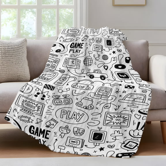 Video Game Fleece Throw Blanket for Couch, Black White Game Controller Monochrome Microfiber Flannel Blanket for All Season, Lightweight Soft Throw Blankets for Girls, Kids, Teens, 40"x60"