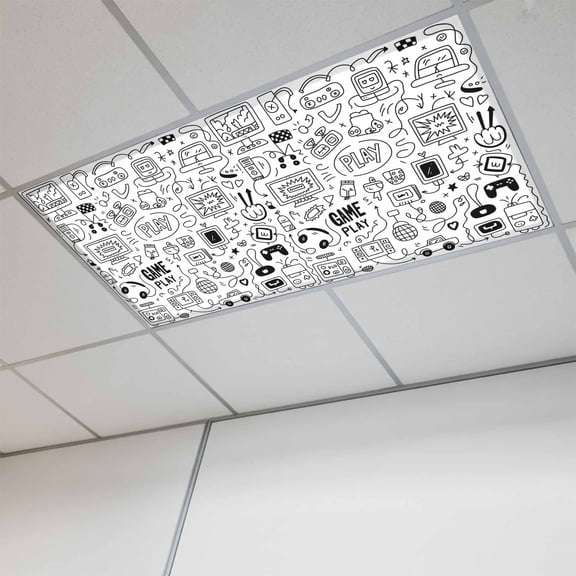 Video Game Fluorescent Light Covers, Black White Game Controller Monochrome Magnetic Light Covers for Ceiling Lights, Fluorescent Ceiling Shade Filters for Classroom Bedroom Office 4x2Ft x 1PCS