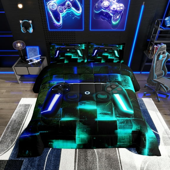 Video Game Gamepad Twin Size Comforter Set for Teens Abstract Neon Square Bedding Set Twin Gamer Gaming Down Comforter Black Blue Teal Bed Set, Geometric Glowing Checkered Quilted Duvet