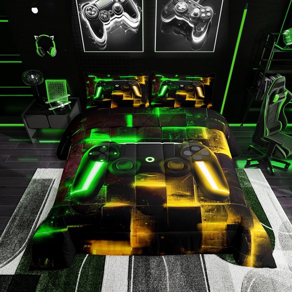 Video Game Gamepad Twin Size Comforter Set for Teens Abstract Neon Square Bedding Set Twin Gamer Gaming Down Comforter Black Green Orange Bed Set, Geometric Glowing Checkered Quilted Duvet