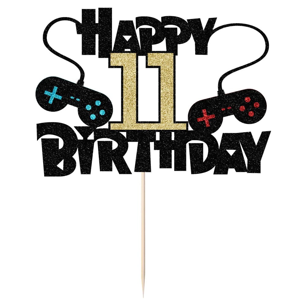 Video Game Happy 11th Birthday Cake Topper – Game Controller Themed Decoration For Boys, Kids Parties – Glitter Cardboard With Wooden Sticks