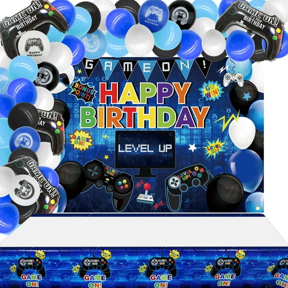 Video Game Happy Birthday Blue Decorations Set - Gaming Theme Happy Birthday Backdrop Tablecloth 82Pcs Balloons Garland Arch Kit for Kids and Gamer Birthday Party (Blue)