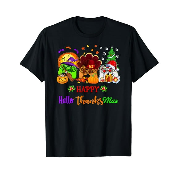 Video Game Happy Hallothanksmas Halloween Gaming Short Sleeve Black T-Shirt