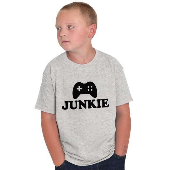 Video Game Junkie Gamer Nerdy Gaming Crewneck T Shirts Boy Girl Teen Brisco Brands L