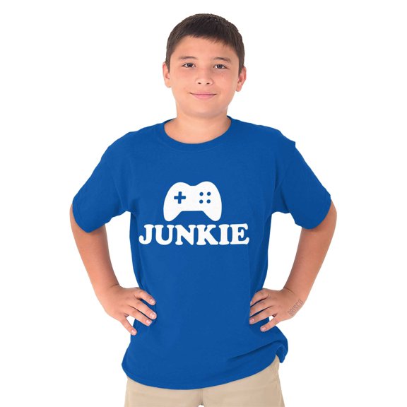 Video Game Junkie Gamer Nerdy Gaming Crewneck T Shirts Boy Girl Teen Brisco Brands L