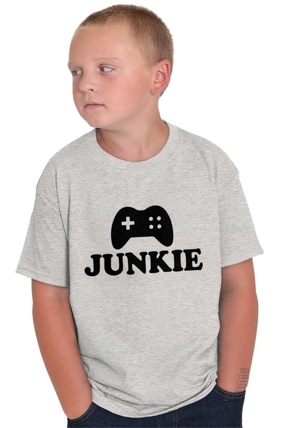 Video Game Junkie Gamer Nerdy Gaming Crewneck T Shirts Boy Girl Teen Brisco Brands M