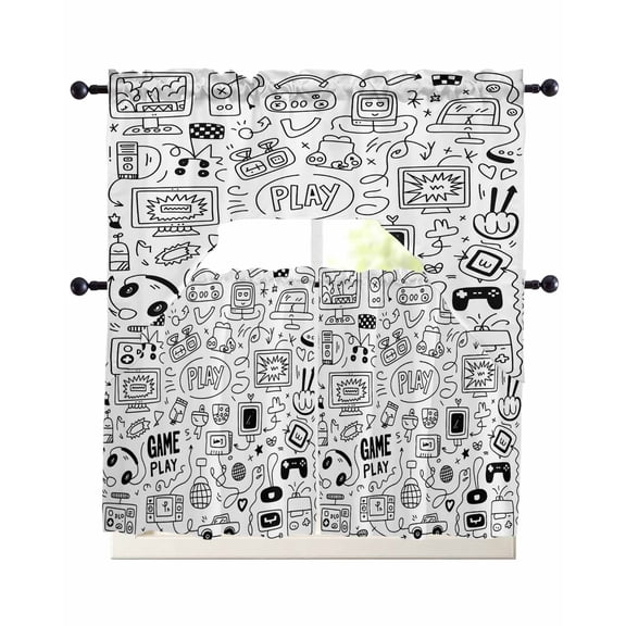 Video Game Kitchen Curtains Set for Windows 3 Piece Cafe Curtains 36 Inch Length Swag Curtains Valances and Tier Set Black White Game Controller Monochrome Drapes for Bedroom Bathroom Living Room