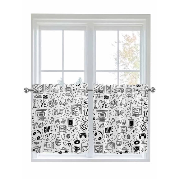 Video Game Kitchen Curtains Tier 24 Inch Length, Black White Game Controller Monochrome Rod Pocket Light Filtering Window Curtains Living Room Bedroom Curtain Drapes Cafe Curtain 27.5''x24''x2