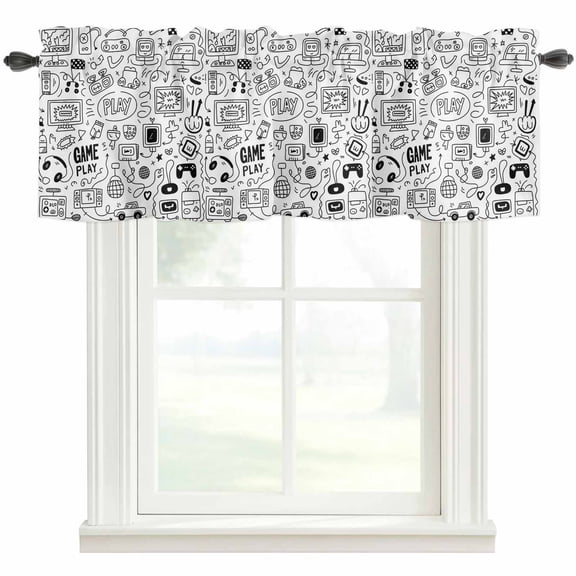 Video Game Kitchen Valances for Windows, Black White Game Controller Monochrome Bathroom Window Valances 42x12 Inch Rod Pocket Window Treatments Valance Curtains for Living Room Bedroom Decor
