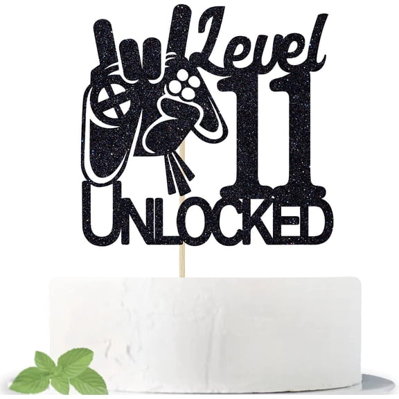 Video Game Level 11 Unlocked Birthday Cake Topper - Black Glitter Boy's 11th Birthday Cake Decorations - Level Up Winner Party Decoration Supplies