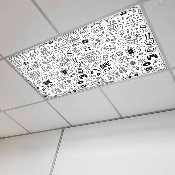Video Game Magnetic Fluorescent Light Covers for Ceiling Lights 2x4 Feet, Black White Game Controller Monochrome Office Classroom Kitchen Drop Ceiling Light Covers Lighting Filters Shade Panel 1 Pack
