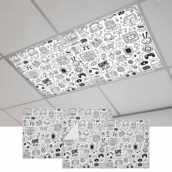 Video Game Magnetic Fluorescent Light Covers for Ceiling Lights 2x4Ft, Black White Game Controller Monochrome Office Classroom Kitchen Drop Ceiling Light Covers Lighting Filters Shade Panel 2 Packs