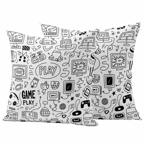 Video Game Outdoor Waterproof Pillow Covers, Black White Game Controller Monochrome Decorative Square Throw Pillowcase Sofa Cushion Sham for Patio/Couch/Chair, 16"x16" 2 Pack