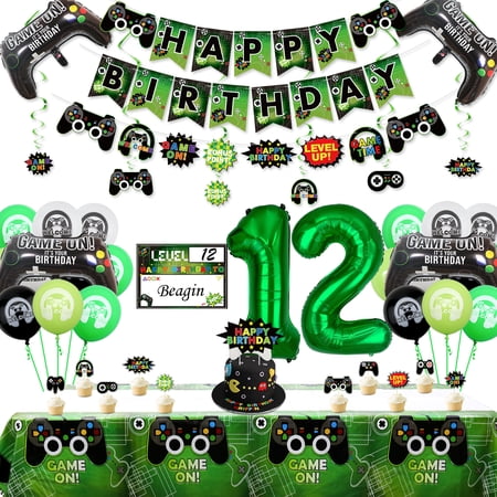 Hegbolke Video Game Themed 12th Birthday Party Decorations Kit with Banner & Balloons (58 Count)