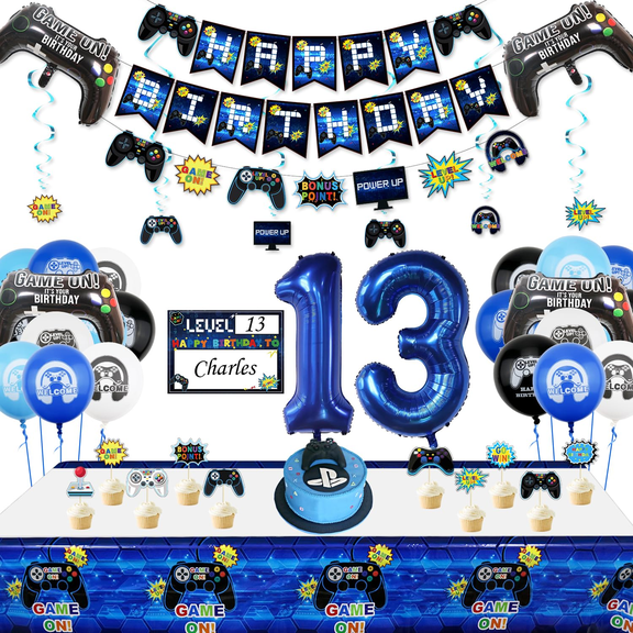 Video Game Party Decorations - 13th Birthday Decorations for Boys, HAPPY BIRTHDAY Banner, Video Game Tablecloth, Gaming Pattern Balloons, Gaming Hanging Sign, Gaming Birthday Party Supplies