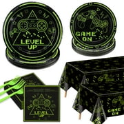 Video Game Party Decorations - 162 Pcs Green Gaming Birthday Decorations Includes Game On Plates, Napkins, Tablecloth for Boys Level Up Birthday Decorations Game On Party Supplies, Serve 40