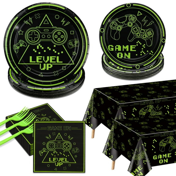 Video Game Party Decorations - 162 Pcs Green Gaming Birthday Decorations Includes Game On Plates, Napkins, Tablecloth for Boys Level Up Birthday Decorations Game On Party Supplies, Serve 40