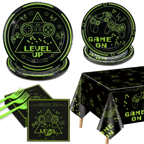 Video Game Party Decorations - 81Pcs Green Gaming Birthday Decorations Includes Game On Plates, Napkins, Tablecloth for Boys Level Up Birthday Decorations Game On Party Supplies, Serve 20